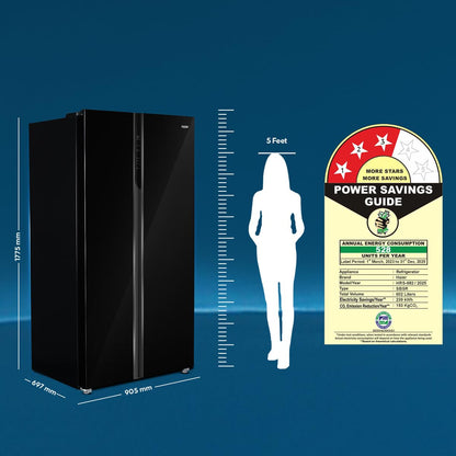 Haier 602L 3Star 2 Door Premium Glass Side by Side Frost Free Refrigerator|100% Convertible|Wi-Fi|Expert Inverter Technology|Digital Display Panel|Triple Twist Ice Maker (HRS-682KGU1, Black Glass) 