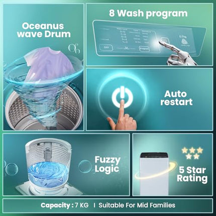 Haier 7 Kg 5 Star Fully Automatic Top Load Washing Machine with Oceanus Wave Drum, Magic Filter, 8 Wash Programs (HWM70-AE, Moonlight Silver, Stainless Steel Drum, 15 Mins Quick Wash) 