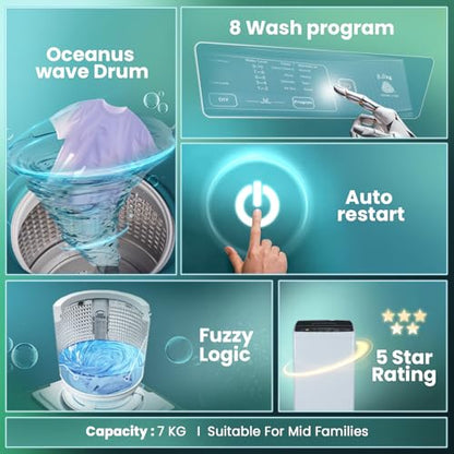 Haier 7 Kg 5 Star Fully Automatic Top Load Washing Machine with Oceanus Wave Drum, Magic Filter, 8 Wash Programs (HWM70-AE, Moonlight Silver, Stainless Steel Drum, 15 Mins Quick Wash) 