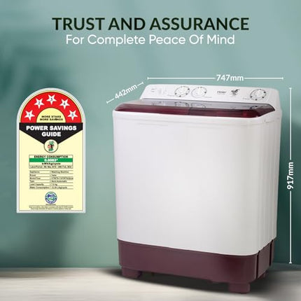Haier 7 Kg 5 Star Toughened Glass Semi Automatic Top Loading Washing Machine (HTW70-1187BTN, Anti Bacterial Vortex Pulsator, Magic Filter, Rat Mesh, Maroon, White) 