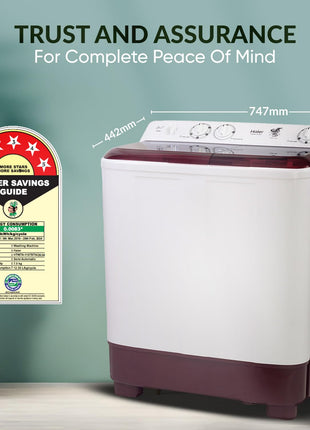 Haier 7 Kg 5 Star Toughened Glass Semi Automatic Top Loading Washing Machine (HTW70-1187BTN, Anti Bacterial Vortex Pulsator, Magic Filter, Rat Mesh, Maroon, White) 