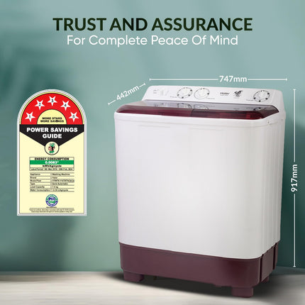 Haier 7 Kg 5 Star Toughened Glass Semi Automatic Top Loading Washing Machine (HTW70-1187BTN, Anti Bacterial Vortex Pulsator, Magic Filter, Rat Mesh, Maroon, White) 