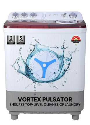 Haier 8.5 Kg 5 Star Oxyi Dry Technology Semi Automatic Top Loading Washing Machine (HTW85-186, Anti Bacterial Vortex Pulsator, Magic Filter, Rat Mesh, Maroon, White) 