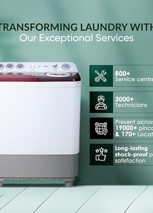 Haier 8.5 Kg 5 Star Oxyi Dry Technology Semi Automatic Top Loading Washing Machine (HTW85-186, Anti Bacterial Vortex Pulsator, Magic Filter, Rat Mesh, Maroon, White) 