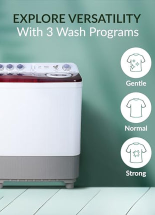 Haier 8.5 Kg 5 Star Oxyi Dry Technology Semi Automatic Top Loading Washing Machine (HTW85-186, Anti Bacterial Vortex Pulsator, Magic Filter, Rat Mesh, Maroon, White) 