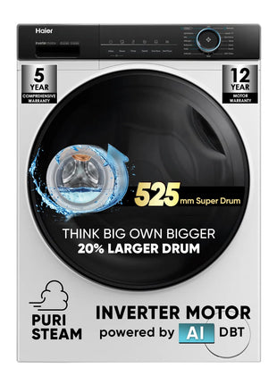 Haier 8 kg 5 Star Powered by AI-DBT with PuriSteam, 525mm Super Drum Fully Automatic Front Load Washing Machine (HW80-IM12929C, Inverter with In-Built Heater, White) 