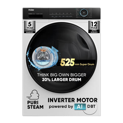 Haier 8 kg 5 Star Powered by AI-DBT with PuriSteam, 525mm Super Drum Fully Automatic Front Load Washing Machine (HW80-IM12929C, Inverter with In-Built Heater, White) 