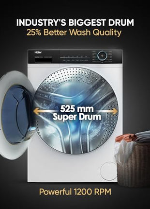 Haier 8 kg 5 Star Powered by AI-DBT with PuriSteam, 525mm Super Drum Fully Automatic Front Load Washing Machine (HW80-IM12929C, Inverter with In-Built Heater, White) 