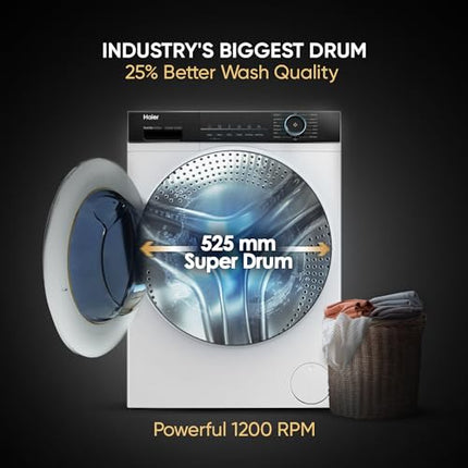 Haier 8 kg 5 Star Powered by AI-DBT with PuriSteam, 525mm Super Drum Fully Automatic Front Load Washing Machine (HW80-IM12929C, Inverter with In-Built Heater, White) 