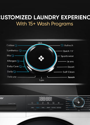 Haier 8 kg 5 Star Powered by AI-DBT with PuriSteam, 525mm Super Drum Fully Automatic Front Load Washing Machine (HW80-IM12929C, Inverter with In-Built Heater, White) 