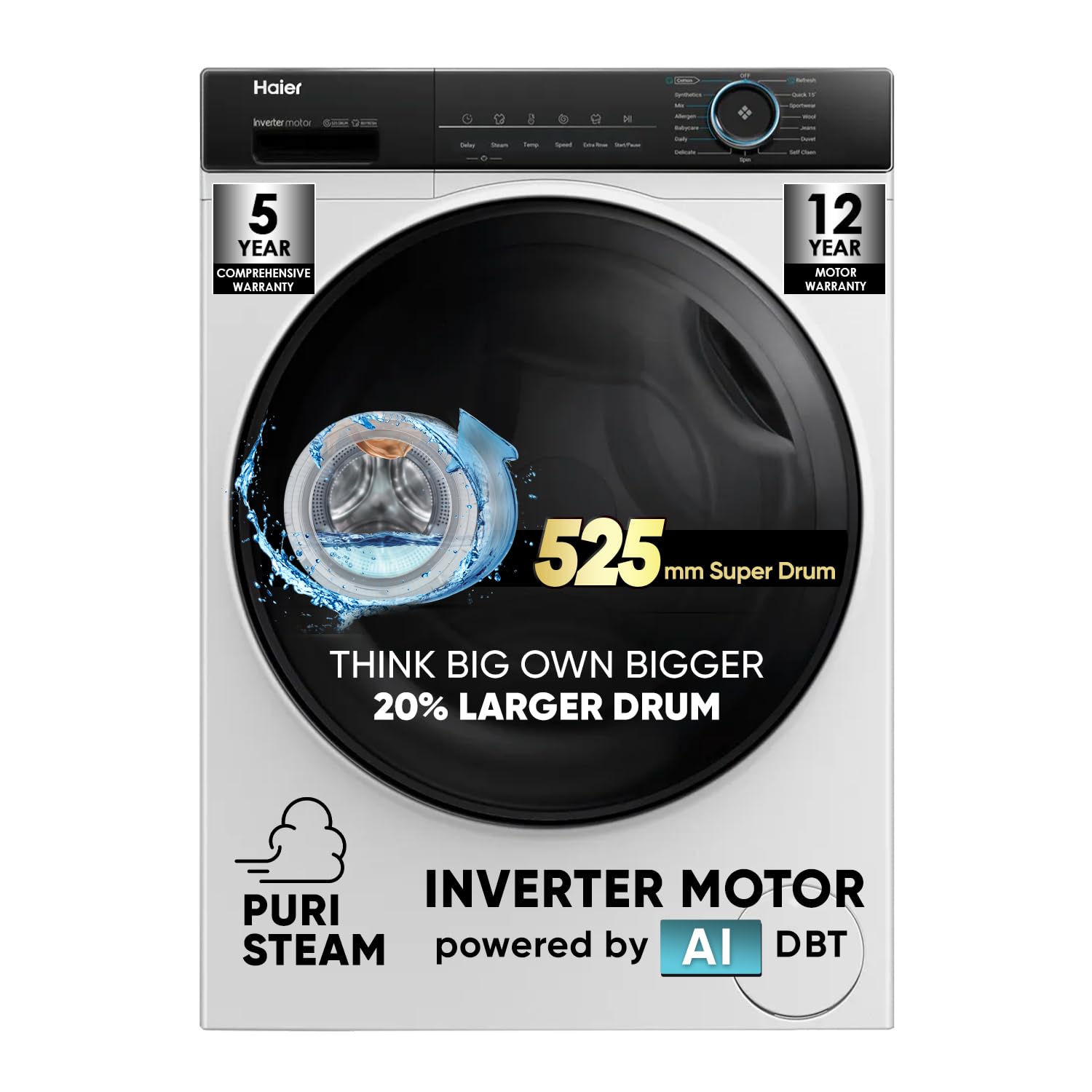Haier 8 kg 5 Star Powered by AI-DBT with PuriSteam, 525mm Super Drum Fully Automatic Front Load Washing Machine (HW80-IM12929C, Inverter with In-Built Heater, White) 