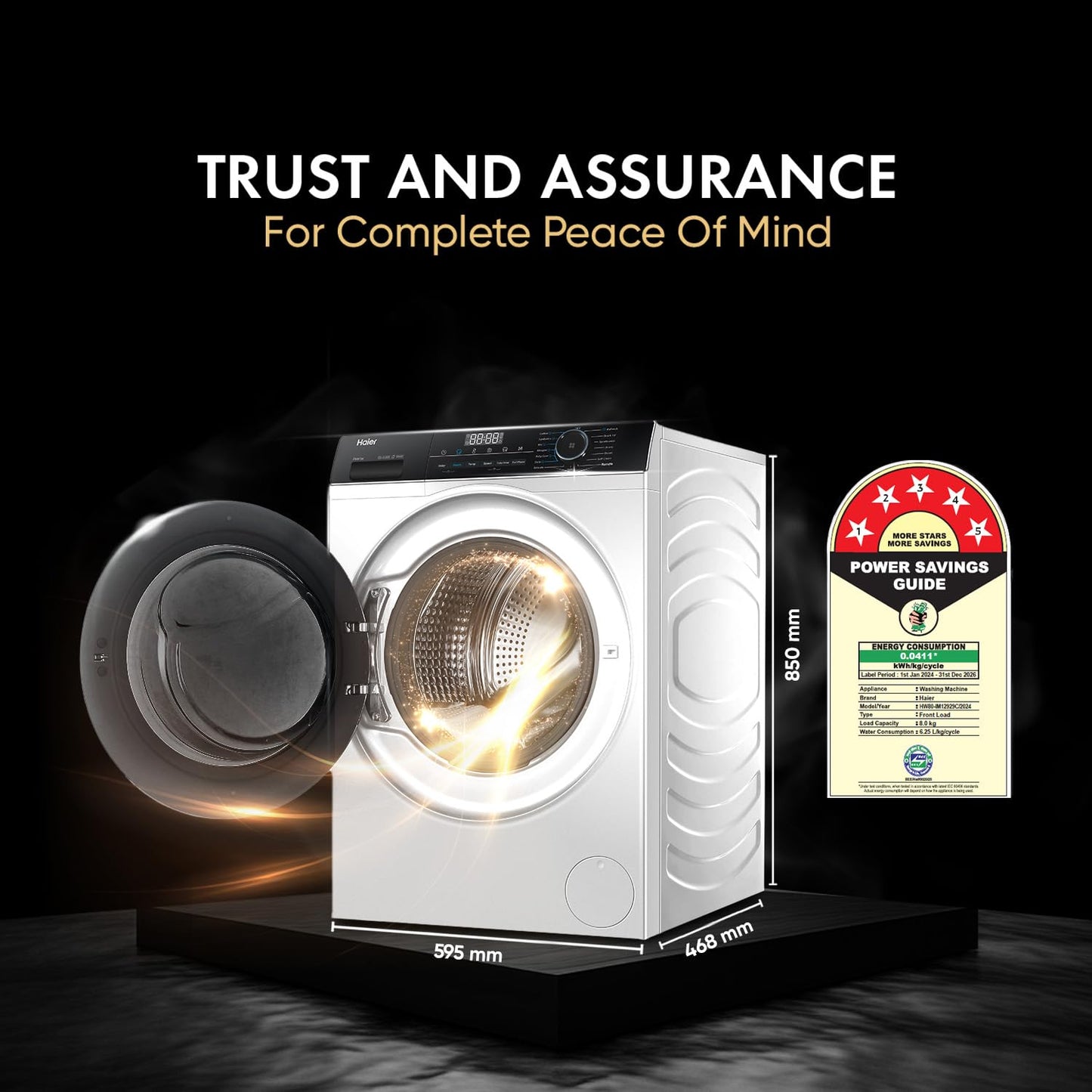 Haier 8 kg 5 Star Powered by AI-DBT with PuriSteam, 525mm Super Drum Fully Automatic Front Load Washing Machine (HW80-IM12929C, Inverter with In-Built Heater, White) 