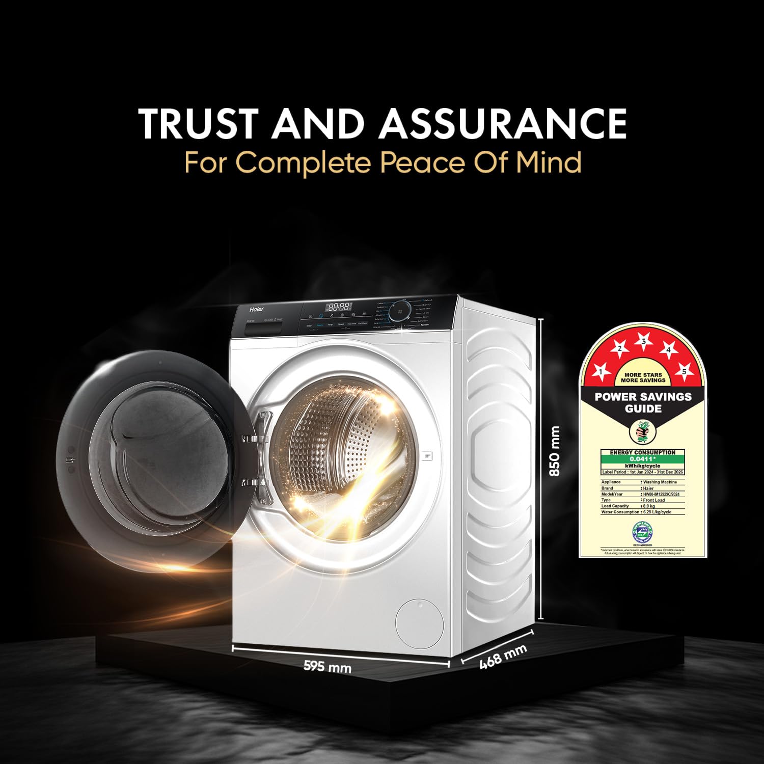 Haier 8 kg 5 Star Powered by AI-DBT with PuriSteam, 525mm Super Drum Fully Automatic Front Load Washing Machine (HW80-IM12929C, Inverter with In-Built Heater, White) 