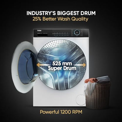 Haier 8 kg 5 Star Powered by AI-DBT with PuriSteam, 525mm Super Drum Fully Automatic Front Load Washing Machine (HW80-IM12929C, Inverter with In-Built Heater, White) 