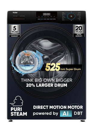Haier 9 Kg 5 Star Direct Motion Motor AI DBT Technology Fully-Automatic Front Load Washing Machine with In-Built Heater (EFL90-DM14IBIEBK, Super Drum 525, PuriSteam, Black) 