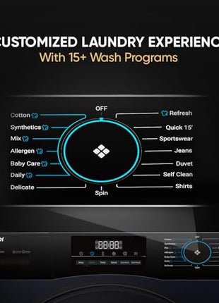 Haier 9 Kg 5 Star Direct Motion Motor AI DBT Technology Fully-Automatic Front Load Washing Machine with In-Built Heater (EFL90-DM14IBIEBK, Super Drum 525, PuriSteam, Black) 