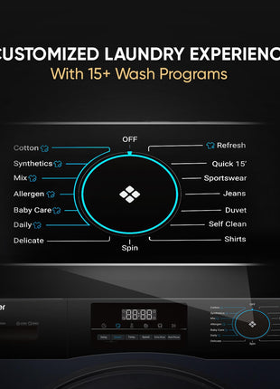 Haier 9 Kg 5 Star Direct Motion Motor AI DBT Technology Fully-Automatic Front Load Washing Machine with In-Built Heater (EFL90-DM14IBIEBK, Super Drum 525, PuriSteam, Black) 