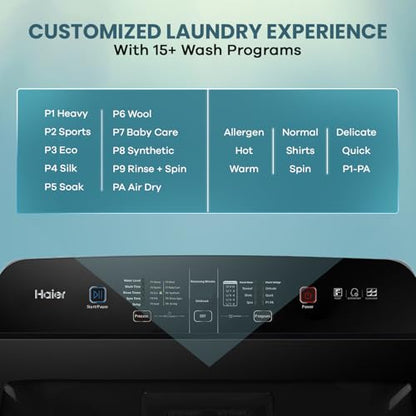 Haier 9 Kg, 5 Star, Oceanus Wave Technology Toughened Glass Fully Automatic Top Loading Washing Machine (HWM90-H678ES8, Inbuilt Heater, Near Zero Pressure, Dark Jade Silver) 