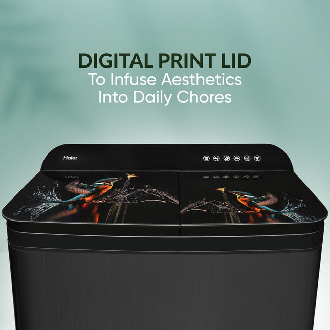 Haier 9 kg 5 Star Toughened Glass & Vortex pulsator Semi Automatic Top Load (HTW90-178FL,Black) 