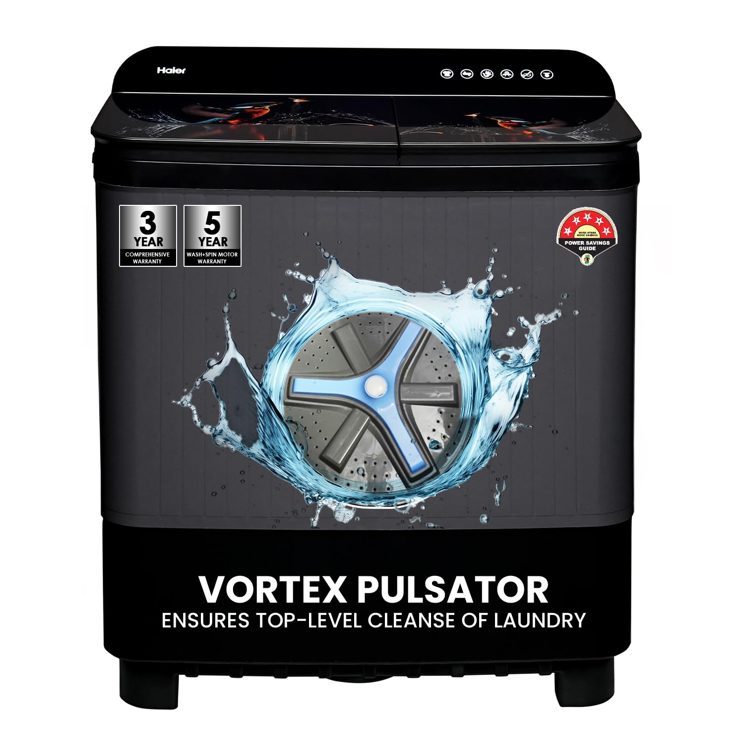 Haier 9 kg 5 Star Toughened Glass & Vortex pulsator Semi Automatic Top Load (HTW90-178FL,Black) 