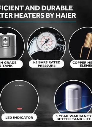 Haier BlackVolt Instant Water Heater 3 Litre with 3kW | Fast Heating | Copper Heating Element | 6.5 Bar Pressure | Instant Geyser for Kitchen & Bathroom | 5-Year Tank Warranty | EI3V-BLACKVOLT 