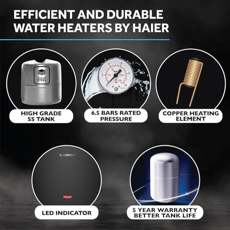 Haier BlackVolt Instant Water Heater 3 Litre with 3kW | Fast Heating | Copper Heating Element | 6.5 Bar Pressure | Instant Geyser for Kitchen & Bathroom | 5-Year Tank Warranty | EI3V-BLACKVOLT 