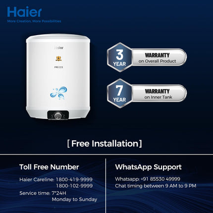 Haier Precis Water Geyser 10 Litre 5 Star Rated Water Heater|Pipe Free Installation Abs Body Temperature Control Shock Proof Glasslined Tank|8 Safety Levels|High Rise Compatible|Bacteria Proof System 