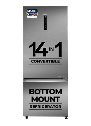 Haier SmartChoice 445 L 2 Star Frost Free Bottom Mount Double Door Refrigerator | Convertible 14-in-1 | Jhukna Mat-Bottom Freezer | Digital Display Panel | Triple Inverter (HEB-452TS-P, Inox Steel) 