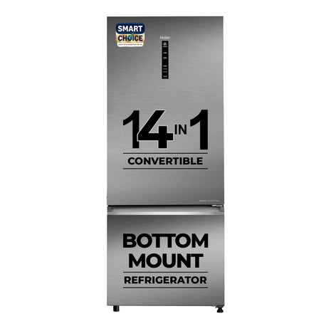 Haier SmartChoice 445 L 2 Star Frost Free Bottom Mount Double Door Refrigerator | Convertible 14-in-1 | Jhukna Mat-Bottom Freezer | Digital Display Panel | Triple Inverter (HEB-452TS-P, Inox Steel) 
