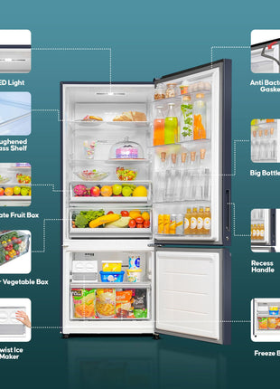 Haier SmartChoice 445 L 2 Star Frost Free Bottom Mount Double Door Refrigerator | Convertible 14-in-1 | Jhukna Mat-Bottom Freezer | Digital Display Panel | Triple Inverter (HEB-452TS-P, Inox Steel) 