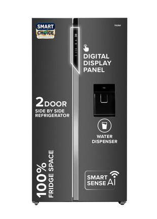 Haier SmartChoice 596L 3Star 2-Door Water Dispenser Side by Side Frost Free Refrigerator|Convertible|Smart Sense AI | Expert Inverter|Digital Display Panel (2025 Model, HRS-682WGKU1, Graphite Black) 