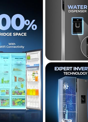 Haier SmartChoice 596L 3Star 2-Door Water Dispenser Side by Side Frost Free Refrigerator|Convertible|Smart Sense AI | Expert Inverter|Digital Display Panel (2025 Model, HRS-682WGKU1, Graphite Black) 