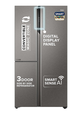 Haier SmartChoice 598L 3 Star 3-Door Side by Side Frost Free Refrigerator|Convertible|Smart Sense AI|Expert Inverter Compressor|Digital Display Panel (2025 Model, HRT-683ISU1, Inox Steel) 