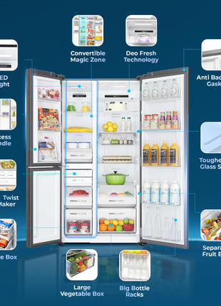 Haier SmartChoice 598L 3 Star 3-Door Side by Side Frost Free Refrigerator|Convertible|Smart Sense AI|Expert Inverter Compressor|Digital Display Panel (2025 Model, HRT-683ISU1, Inox Steel) 