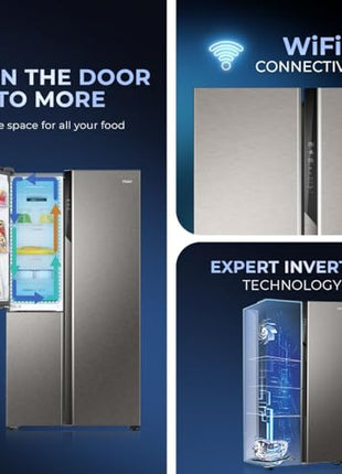 Haier SmartChoice 598L 3 Star 3-Door Side by Side Frost Free Refrigerator|Convertible|Smart Sense AI|Expert Inverter Compressor|Digital Display Panel (2025 Model, HRT-683ISU1, Inox Steel) 