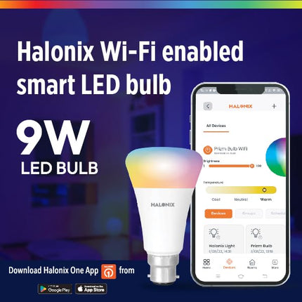Halonix Wi-Fi Enabled Smart LED Bulb 9W B22D (16 Million Colors + Warm White/Neutral White/White) (Compatible with Amazon Alexa and Google Assistant) 