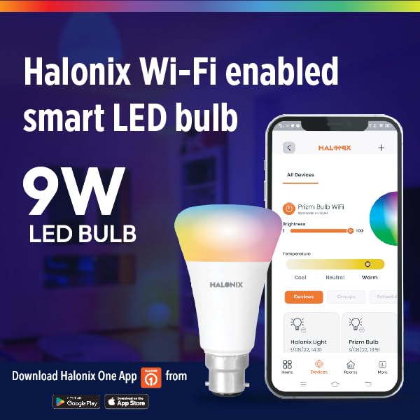 Halonix Wi-Fi Enabled Smart LED Bulb 9W B22D (16 Million Colors + Warm White/Neutral White/White) (Compatible with Amazon Alexa and Google Assistant) 