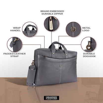 HAMMONDS FLYCATCHER Genuine Leather Office Bag for Men, 15.6 Inch Professional Laptop Bag for Men, Adjustable Strap and Multiple Compartments, Leather Bag for Men - 1 Year Warranty - Graphite Grey 