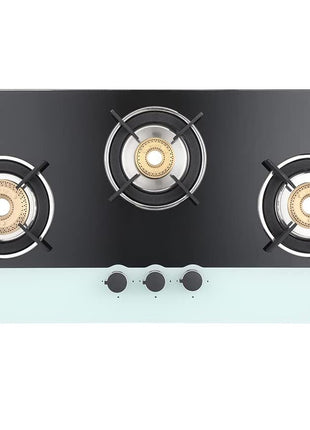 Haute Kitchen Evoque Series Black&White 3 Burner Cooktop|Manual Ignition Gas Stove|Glass Top -1 Jumbo,1 Medium,1 Small -Freestanding Toughened Glass Premium Design -(Tempered Glass,2 Year Warranty) 