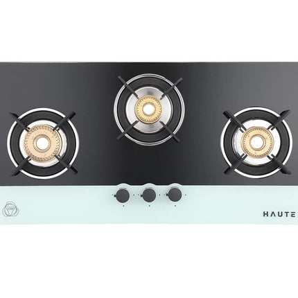 Haute Kitchen Evoque Series Black&White 3 Burner Cooktop|Manual Ignition Gas Stove|Glass Top -1 Jumbo,1 Medium,1 Small -Freestanding Toughened Glass Premium Design -(Tempered Glass,2 Year Warranty) 