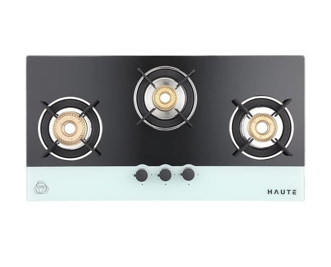 Haute Kitchen Evoque Series Black&White 3 Burner Cooktop|Manual Ignition Gas Stove|Glass Top -1 Jumbo,1 Medium,1 Small -Freestanding Toughened Glass Premium Design -(Tempered Glass,2 Year Warranty) 
