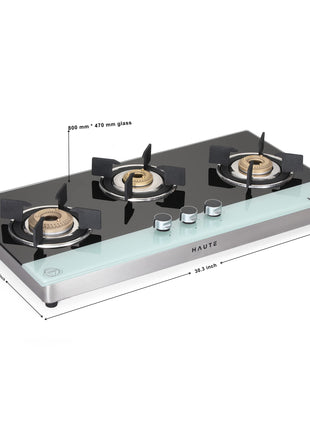 Haute Kitchen Evoque Series Black&White 3 Burner Cooktop|Manual Ignition Gas Stove|Glass Top -1 Jumbo,1 Medium,1 Small -Freestanding Toughened Glass Premium Design -(Tempered Glass,2 Year Warranty) 