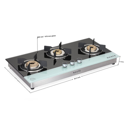 Haute Kitchen Evoque Series Black&White 3 Burner Cooktop|Manual Ignition Gas Stove|Glass Top -1 Jumbo,1 Medium,1 Small -Freestanding Toughened Glass Premium Design -(Tempered Glass,2 Year Warranty) 