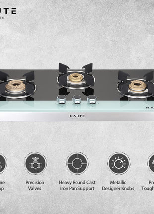Haute Kitchen Evoque Series Black&White 3 Burner Cooktop|Manual Ignition Gas Stove|Glass Top -1 Jumbo,1 Medium,1 Small -Freestanding Toughened Glass Premium Design -(Tempered Glass,2 Year Warranty) 