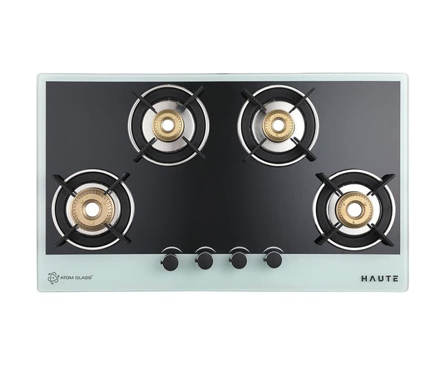 Haute Kitchen Haute Evoque Series 2.0 X Sabaf Black&White 4 Burner Manual Ignition Glass Gas Stove |8MM Atom Glass || Door Step Service | 5 years warranty on Burner, Glass, Valves By Haute Home 