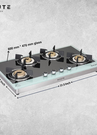 Haute Kitchen Haute Evoque Series 2.0 X Sabaf Black&White 4 Burner Manual Ignition Glass Gas Stove |8MM Atom Glass || Door Step Service | 5 years warranty on Burner, Glass, Valves By Haute Home 