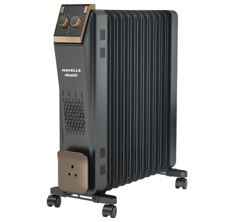 Havells 11 Fin Hestio Straight Fin OFR (Oil Filled Radiator)|Room Heater|2900 W|3 Heat Settings & PTC Fan Heater|Inclined Control Panel|Retractable Wheels| Comfortable Breathing|360° Heating (Black) 