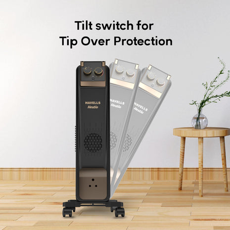 Havells 11 Fin Hestio Straight Fin OFR (Oil Filled Radiator)|Room Heater|2900 W|3 Heat Settings & PTC Fan Heater|Inclined Control Panel|Retractable Wheels| Comfortable Breathing|360° Heating (Black) 