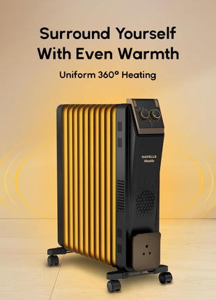 Havells 11 Fin Hestio Straight Fin OFR (Oil Filled Radiator)|Room Heater|2900 W|3 Heat Settings & PTC Fan Heater|Inclined Control Panel|Retractable Wheels| Comfortable Breathing|360° Heating (Black) 