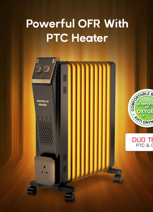 Havells 11 Fin Hestio Straight Fin OFR (Oil Filled Radiator)|Room Heater|2900 W|3 Heat Settings & PTC Fan Heater|Inclined Control Panel|Retractable Wheels| Comfortable Breathing|360° Heating (Black) 